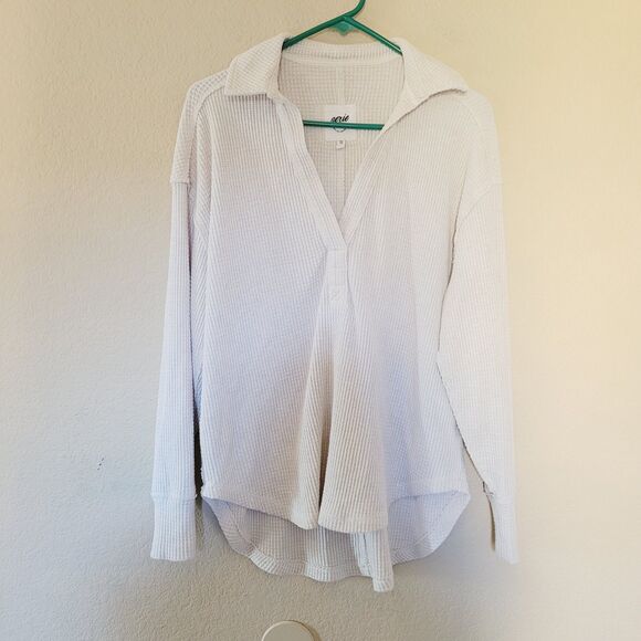 Aerie Sweater Womens XXS Beige Collared V-Neck Waffle Knit Oversized Long Sleeve - Picture 1 of 8
